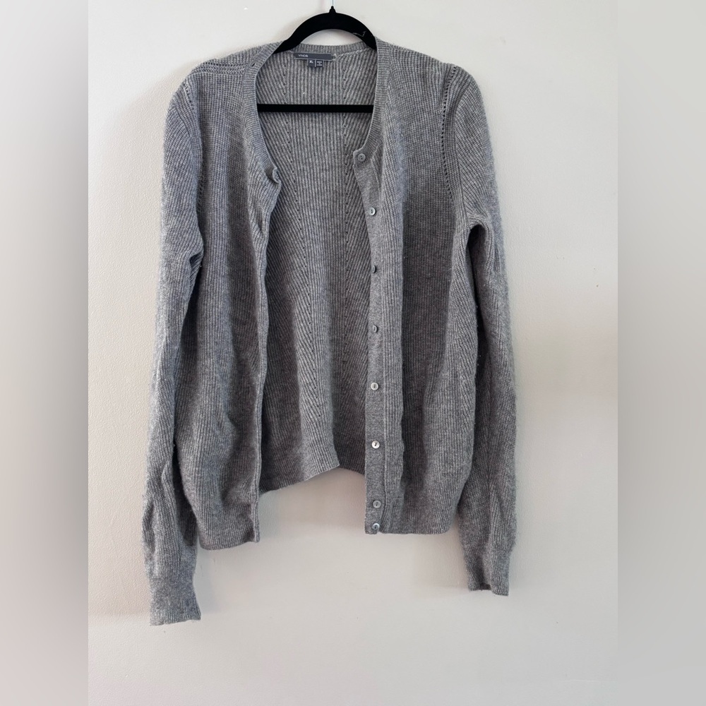 Vince Crewneck Ribbed Cardigan Sweater,Heather Gray, Wool Cashmere Blend,XL